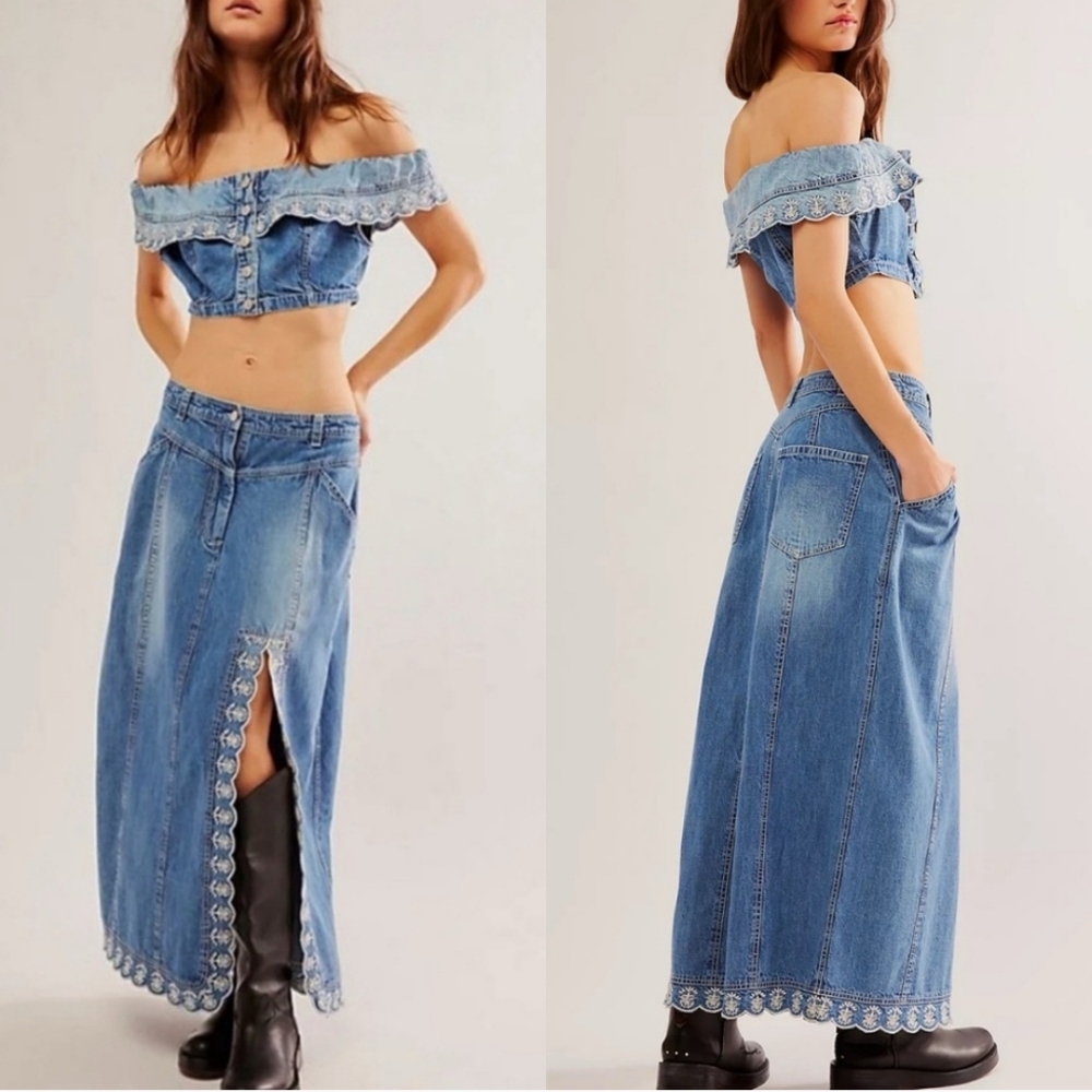 Free People Light Blue Denim Maxi Skirt with Lace Trim